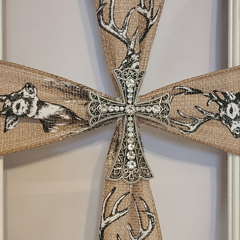 Frame Cross Art Hunting White Silver Cross Handmade Large - Picture 3 of 8